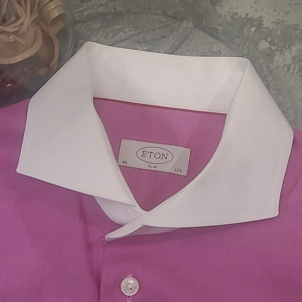 Eton Mens Slim Semi-Twill Contrast Collar Pink Dress Shirt Like New 15 3/4 - Picture 4 of 12